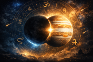 Astrological visualization explaining weak Jupiter in birth chart and its effect on wisdom, faith, and decision making.