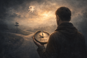Conceptual image representing weak Jupiter in horoscope with loss of direction, guidance, and moral clarity.
