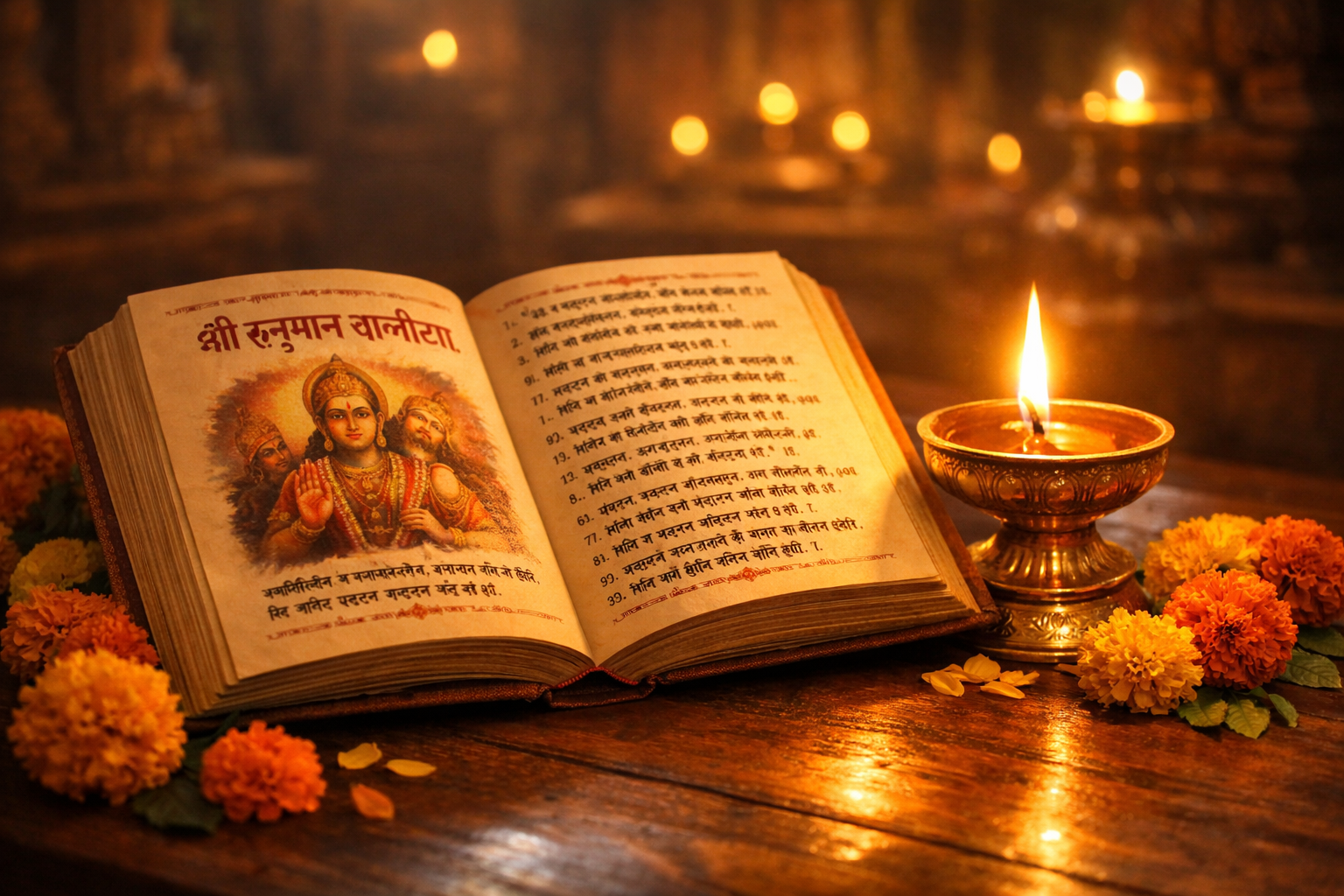 Hanuman Chalisa book with diya lamp and flowers creating devotional spiritual atmosphere