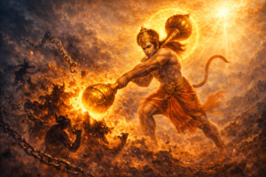 Lord Hanuman symbolically removing negativity and obstacles with divine strength