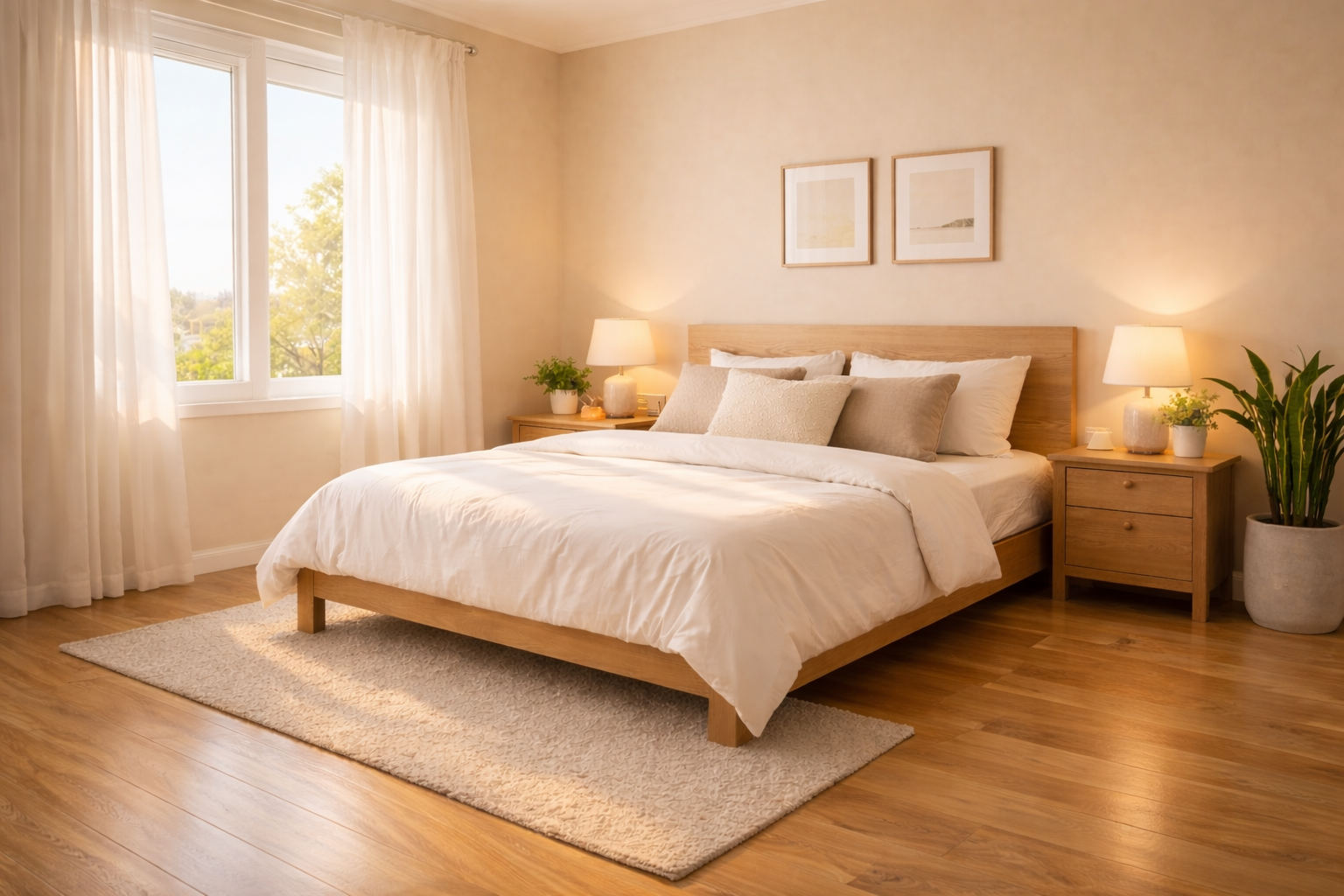 Minimal modern bedroom interior arranged according to Bedroom Vastu tips, showing warm natural light, clean layout, and positive calming decor.