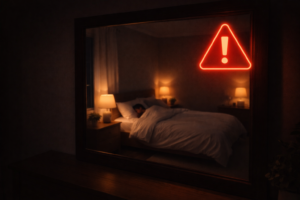 Mirror placed in front of the bed showing reflection, which is not recommended in Bedroom Vastu