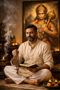 Person chanting Hanuman Chalisa with rudraksha mala in a peaceful meditation setting