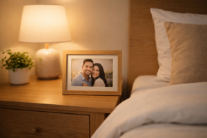 Positive and happy couple photo placed in the bedroom to improve relationship energy