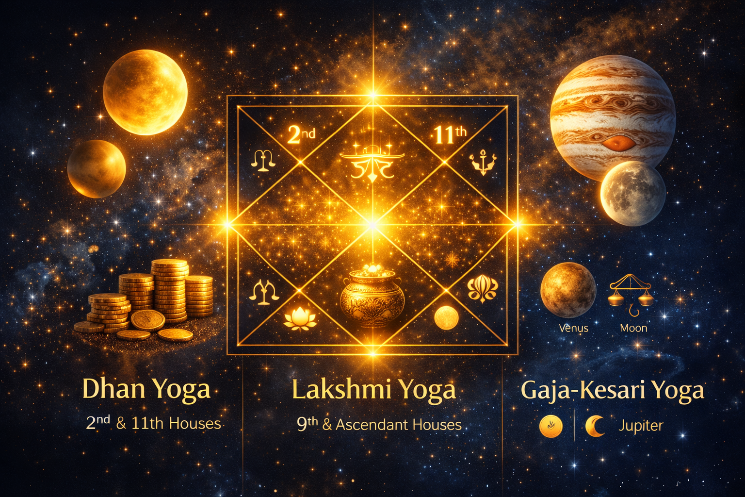 Wealth yogas in astrology including Dhan Yoga and Lakshmi Yoga