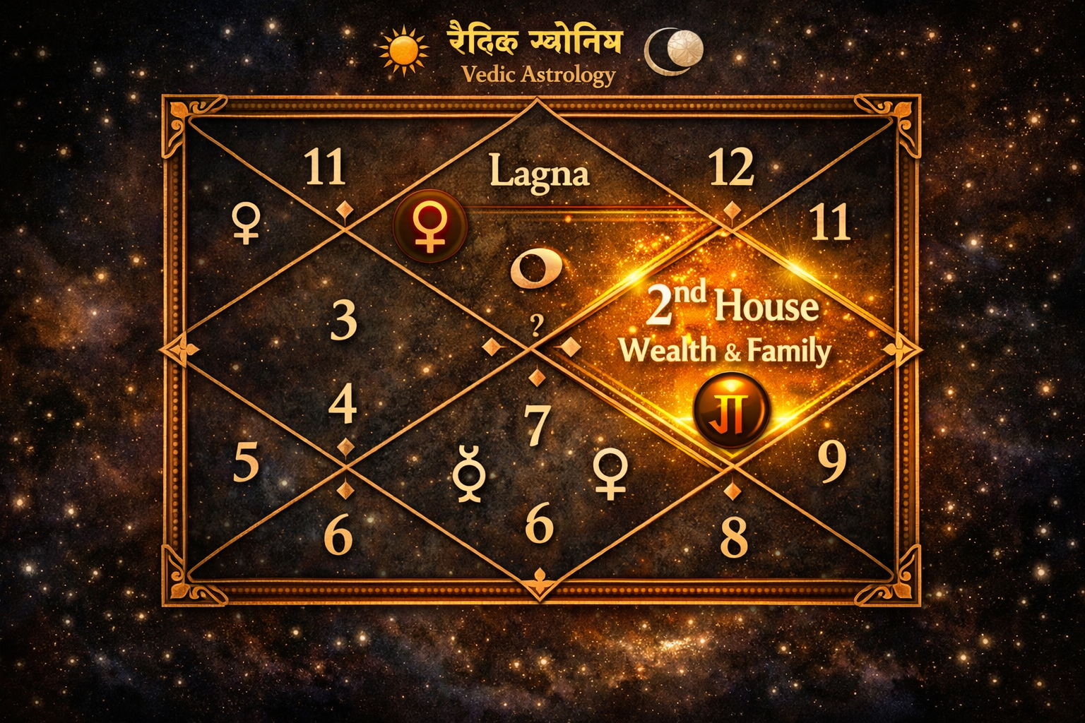2nd lord in different houses shown in a Vedic astrology birth chart