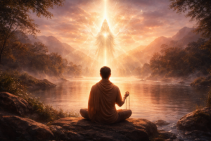 “Meditating human silhouette with Navamsa D9 chart and planets symbolizing Ishta Devata in Vedic astrology