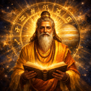 Divine Jupiter (Guru Brihaspati) with golden aura symbolizing wisdom, knowledge, and guidance in Vedic astrology