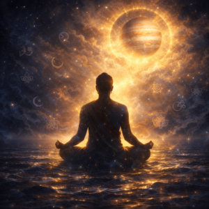 Mystical depiction of Jupiter in the 4th, 8th, and 12th houses representing inner peace, transformation, and liberation
