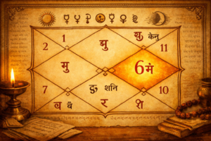 Sixth house highlighted in a Vedic astrology birth chart showing 6th lord placement