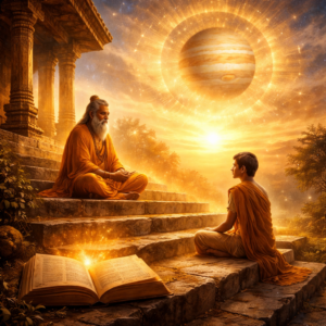 Symbolic representation of Jupiter in the 1st, 5th, and 9th houses highlighting dharma, learning, and higher wisdom