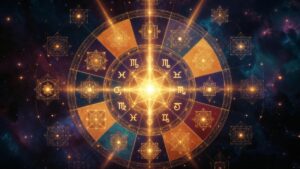 Vedic astrology birth chart showing Jupiter influencing all twelve houses with spiritual and cosmic energy 