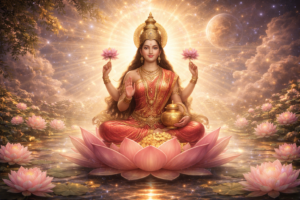 Goddess Lakshmi seated on a lotus representing peace, harmony and abundance