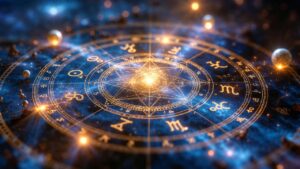 Symbolic divine archetypes representing Ishta Devata principles in Vedic astrology against a cosmic background