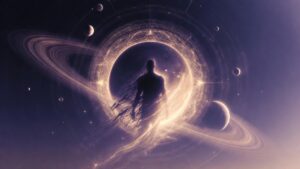 “Cosmic spiritual illustration of Ishta Devata energies with planets and soul-centered meditation”