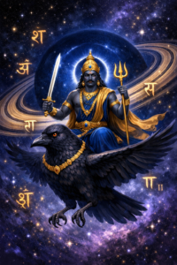 Lord Shani Saturn deity in Vedic astrology seated on crow with planetary rings and cosmic background representing karmic lessons