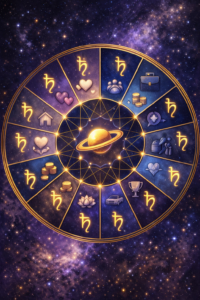 Circular Vedic astrology birth chart showing Saturn's placement through twelve houses with symbolic icons for life areas
