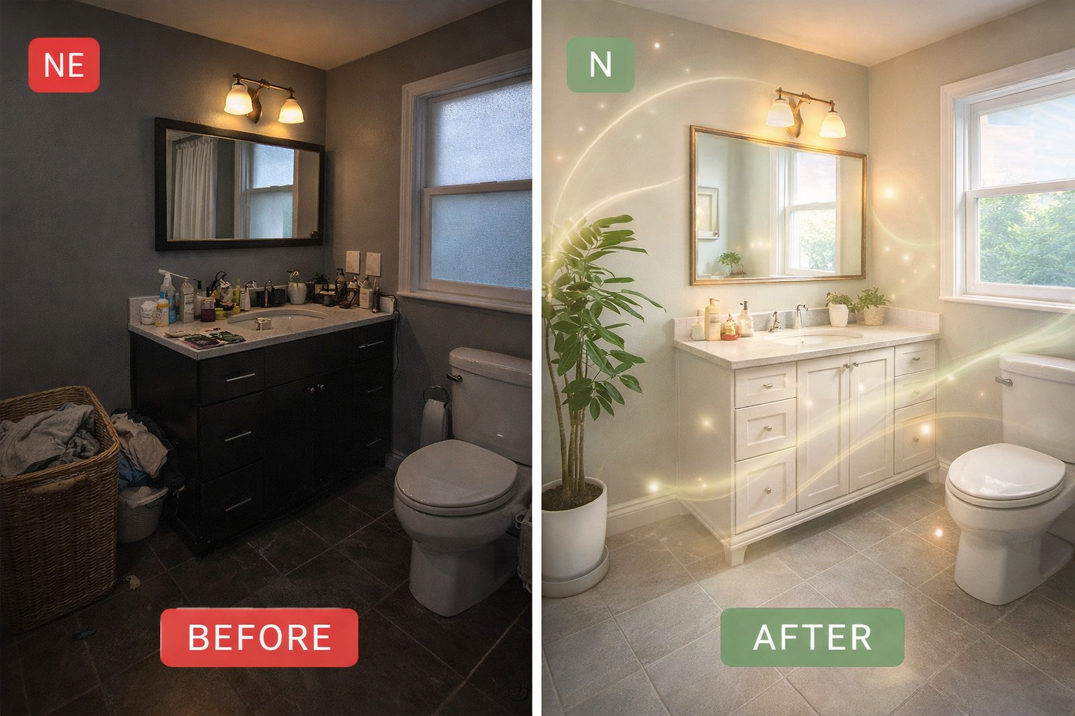 Before and after comparison of bathroom vastu correction showing transformation from unfavorable to career-enhancing layout