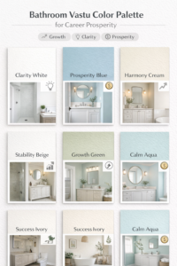 Recommended bathroom color palette according to vastu for career success featuring whites, blues, and greens