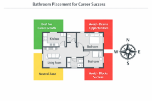 Floor plan diagram showing optimal and unfavorable bathroom placements with color-coded directional zones and compass orientation