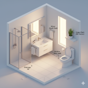 3D isometric view of well-designed bathroom interior showing toilet orientation, mirror placement, drainage direction, and natural lighting