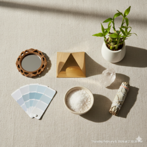 Vastu remedy tools for correcting bathroom placement including pyramids, crystals, sea salt, and plants for career growth