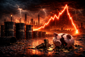 Crude oil barrels with a crashing red price chart warning small investors of high market risk in 2026