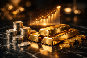 Gold bars and silver coins representing stable investment options for Indian investors in 2026