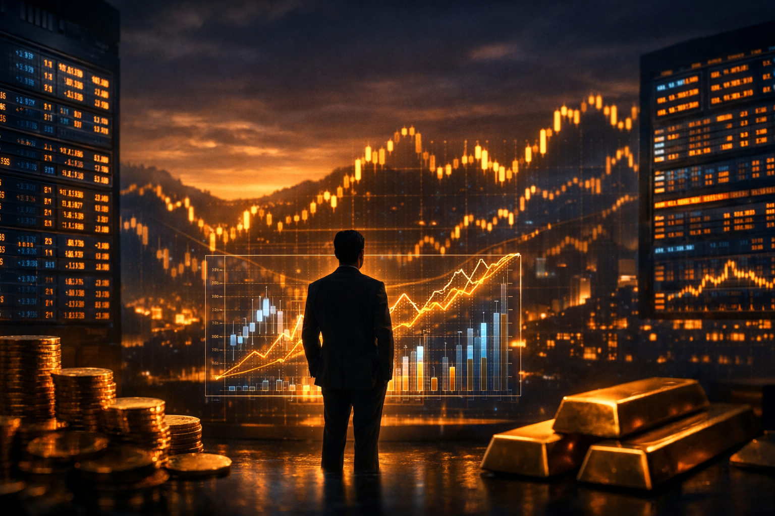 Investment tips 2026 India — investor analyzing Nifty stock market charts with gold and financial data