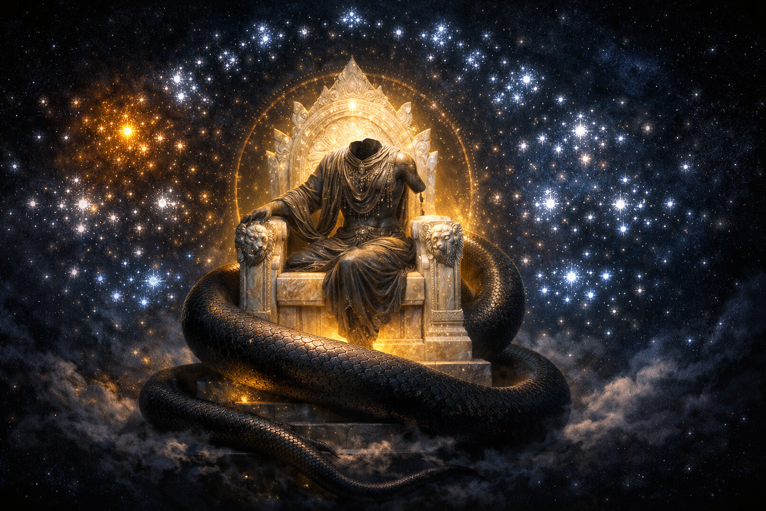 Ketu in Magha Nakshatra 2026 — cosmic illustration of the shadow planet Ketu coiled around an ancestral royal throne surrounded by the 27 Vedic nakshatras in deep space