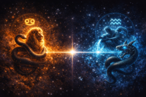 Rahu in Aquarius and Ketu in Magha Nakshatra 2026 — cosmic illustration of the Leo-Aquarius nodal axis showing the karmic opposition between ancestral identity and collective future