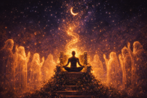 Spiritual liberation through Ketu in Magha Nakshatra 2026 — a soul meditating on an ancestral throne, releasing ego and karma into starlight, surrounded by ancestral blessings