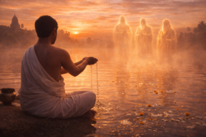 Vedic Pitru Tarpan ancestral water offering ritual at sunrise by a sacred river — a powerful remedy for Ketu in Magha Nakshatra 2026 to heal ancestral karma and receive Pitri blessings