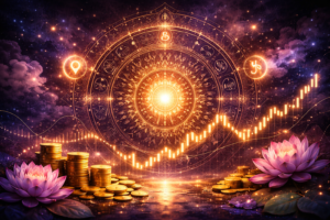 Vedic astrology birth chart with Venus and Jupiter symbols blended with financial investment concepts for 2026