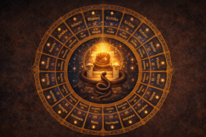 Vedic nakshatra wheel chart highlighting Magha Nakshatra in Leo — the lunar mansion where Ketu transits in 2026 — shown with a royal throne symbol and all 27 nakshatras labelled