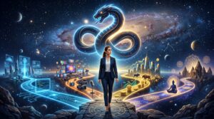 Professional at career crossroads during Rahu Mahadasha choosing between technology media and finance paths