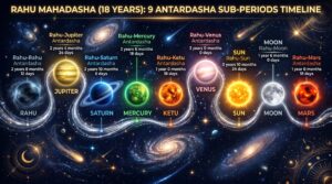 Rahu Mahadasha Antardasha timeline showing all 9 sub-periods in Vimshottari Dasha system