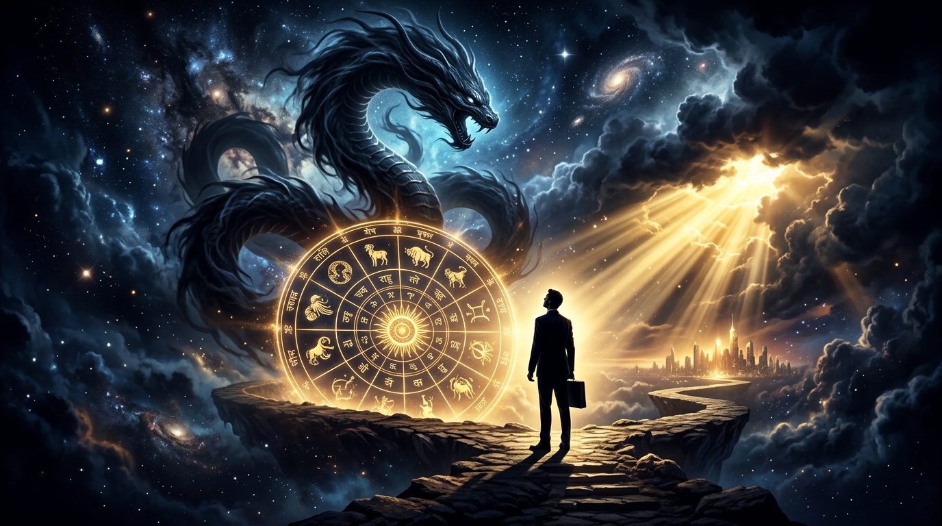 Rahu Mahadasha career growth Vedic astrology cosmic chart with golden light and shadow planet